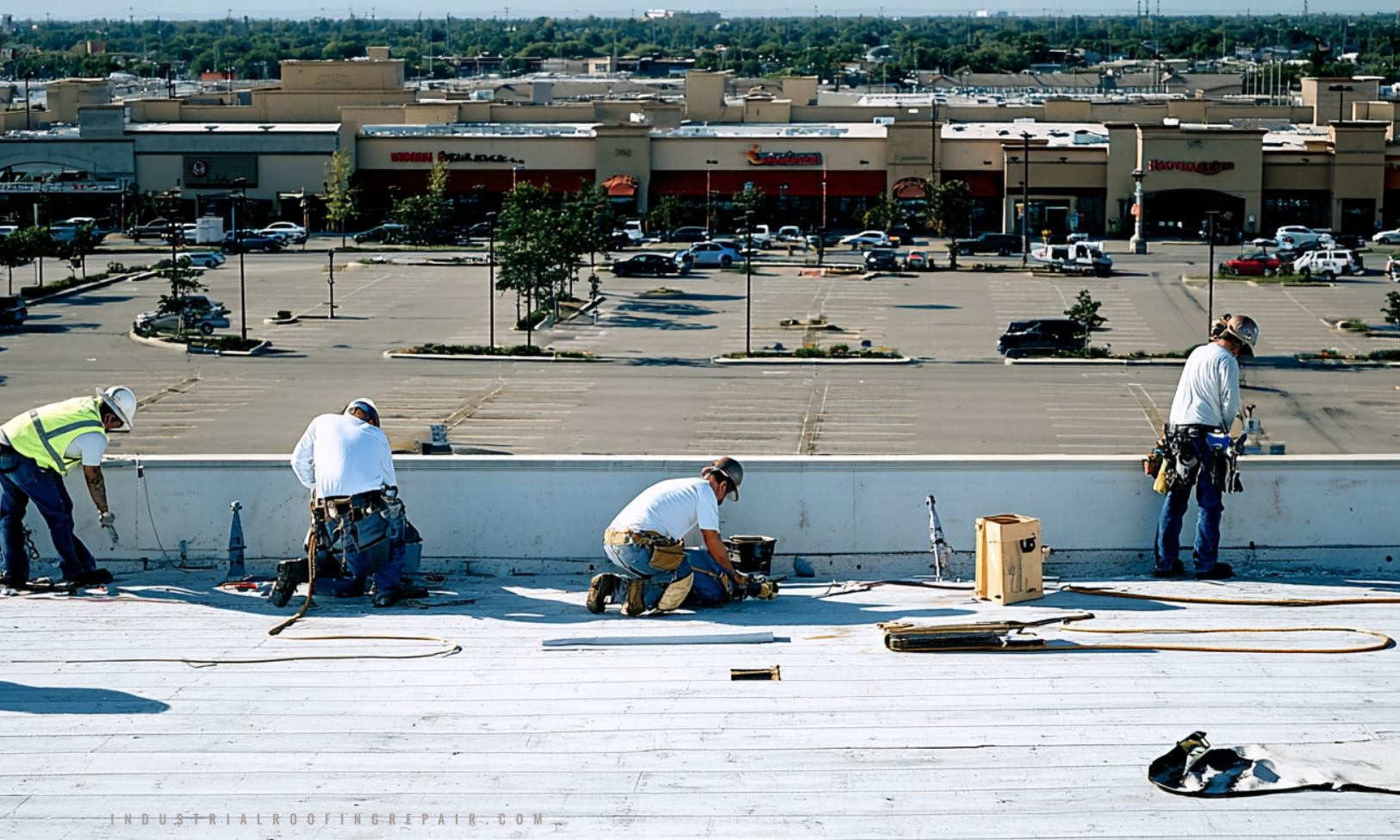 Houston commercial roofing contractors performing preventive maintenance on a commercial building
