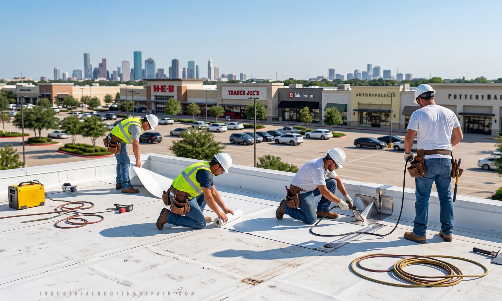 Roof inspector using infrared camera to detect moisture on a Houston commercial roof with city skyline in background
