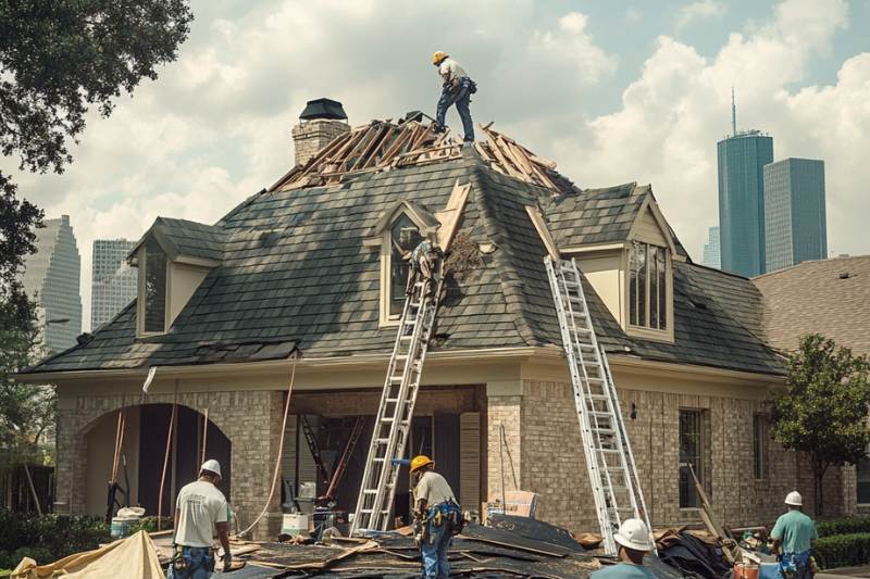 Storm Roof Repair Services in Houston Repairing a residential home roof in Houston damaged by a hurricane