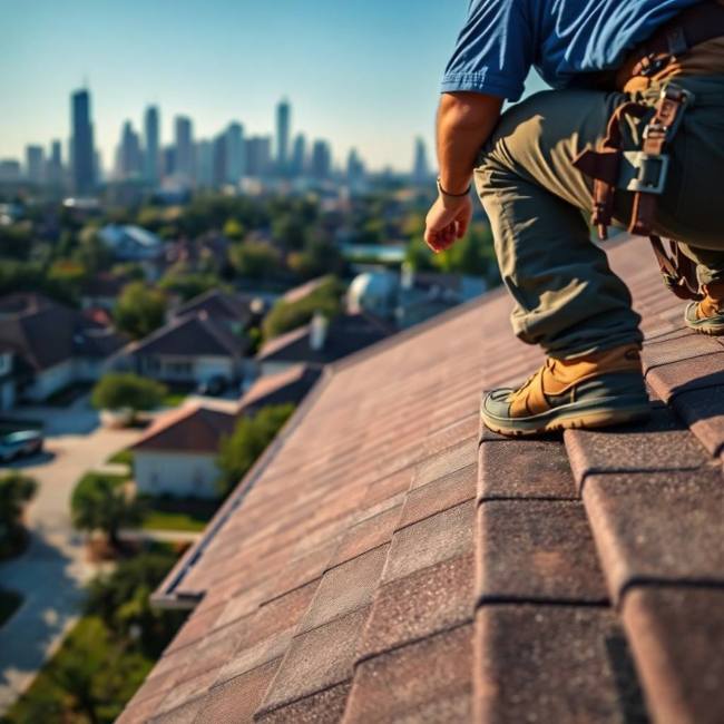R roof panel repair work on a Houston commercial property