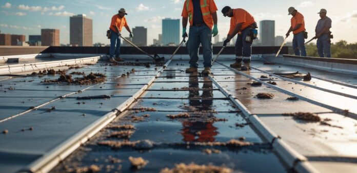 Workers Addressing Flat Roof Drainage and Debris Issues Team of construction workers cleaning debris and water buildup on a commercial flat roof, highlighting common flat roof problems such as drainage issues and surface damage.