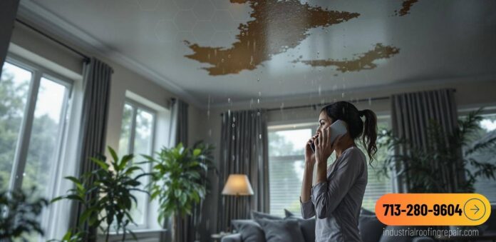 roof-leak-water-damage-repair Lady homeowner calling Industrial Roofing Repair to report a roof water leak