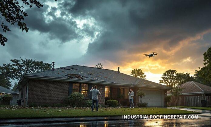 Documenting Roof Damage in Houston After a Storm Houston homeowner taking photos and drone footage of roof damage after hail and wind storm