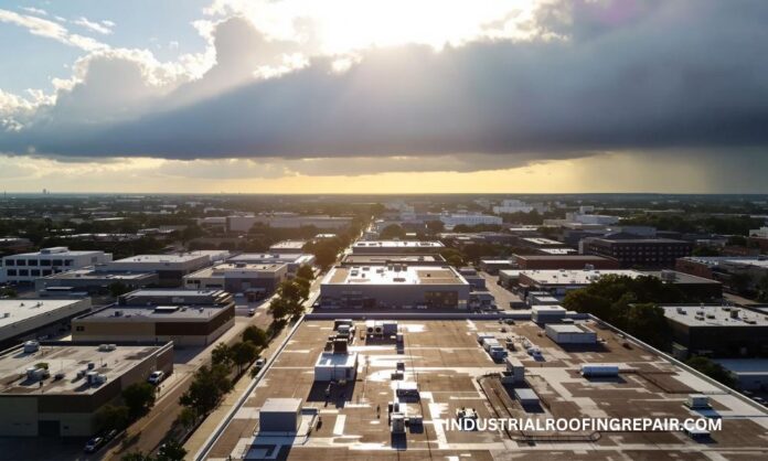 Houston Commercial Roofs Facing Heat and Storm Conditions Aerial view of Houston commercial buildings under intense sun and approaching storm clouds, showing flat roofs with HVAC units and reflective coatings