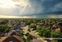 The Best Roofing Materials for Houston’s Heat, Humidity, and Hurricanes Aerial view of Houston homes showing rooftops under hot sun and approaching storm clouds, symbolizing Gulf Coast weather challenges