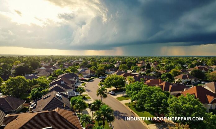 Houston Roofs Facing Heat, Humidity, and Storms Aerial view of Houston homes showing rooftops under hot sun and approaching storm clouds, symbolizing Gulf Coast weather challenges