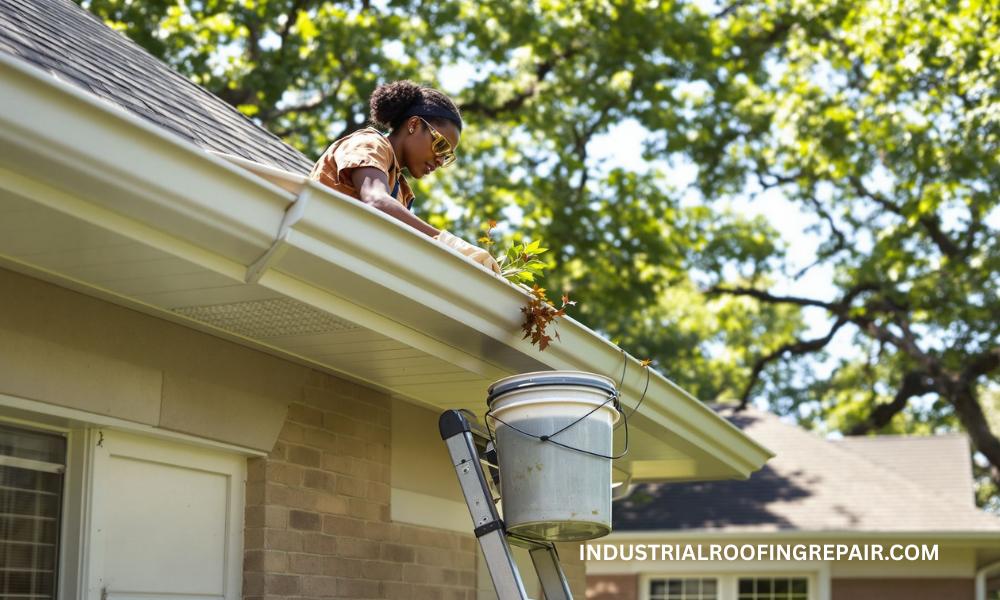 Houston Roofs Facing Incoming Hurricane Storm Person cleaning gutters on Houston home using ladder and gloves under sunny sky before storm season