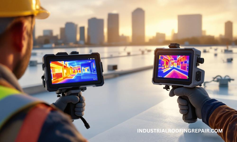 Infrared Roof Inspection on Houston Commercial Building Roof inspector using infrared camera to detect moisture on a Houston commercial roof with city skyline in background