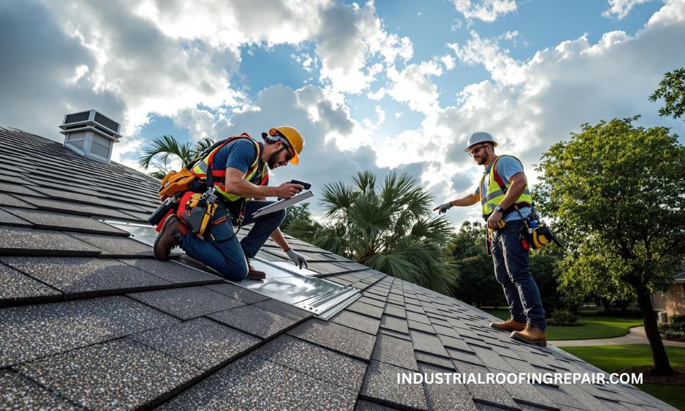 Professional Roof Inspection Before Houston Hurricane Season (2) Roof inspector checking shingles and flashing on Houston home before hurricane season with safety gear