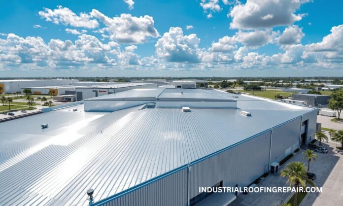 R-Panel Metal Roof on Houston Commercial Building Commercial warehouse in Houston featuring a galvanized steel R-panel metal roof with corrugated design and exposed fasteners.