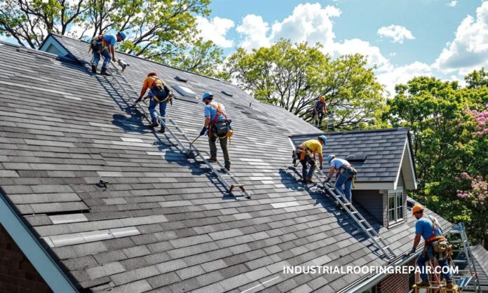 Spring Roof Replacement in Houston Roofing crew replacing shingles on a Houston home during mild spring weather with clear skies and trees in bloom.