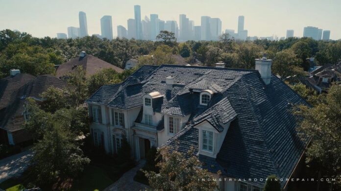 Houston home with roof damage due to extreme weather Elegant Houston suburban home with roof that has been subjected to extremes of weather