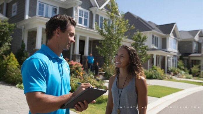 Houston roof repair consultation Homeowner talks with a roofing contractor about roof repair and costs