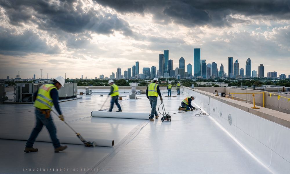 Flat roof repair on a commercial Houston building