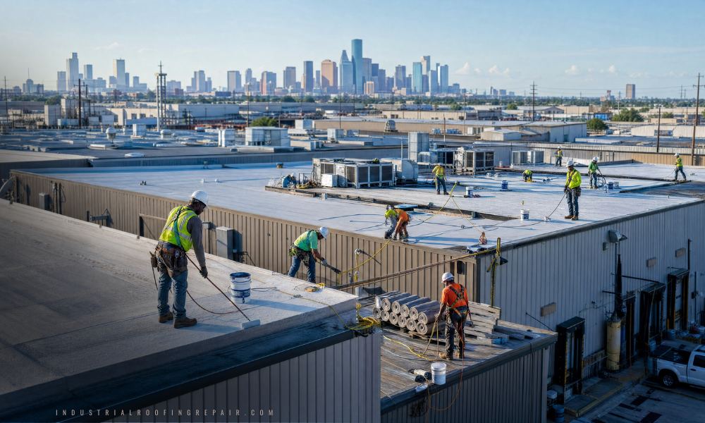 Industrial roofing repair on a Houston warehouse facility