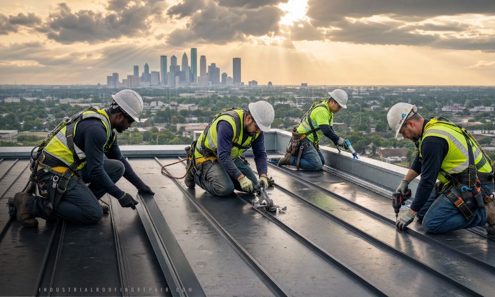 Metal roof repair on a Houston home