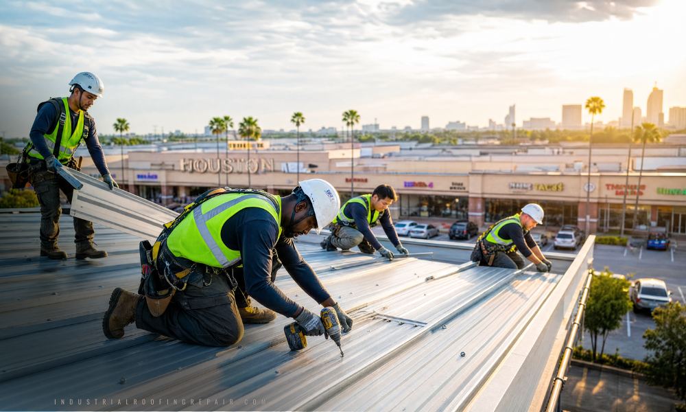 R-panel roof repair on a commercial property