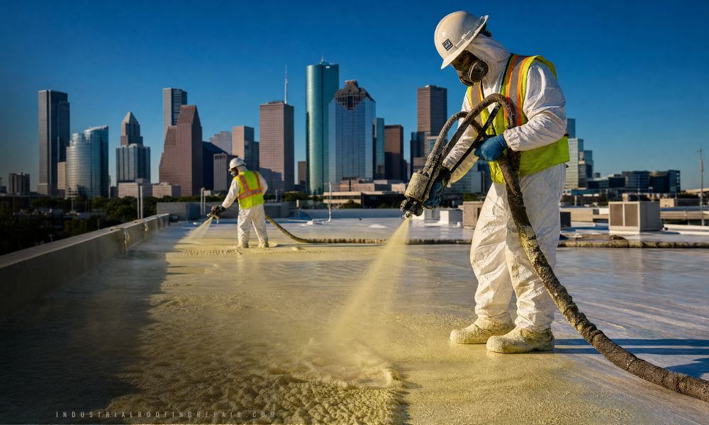 Spray polyurethane foam SPF roofing installation in Houston