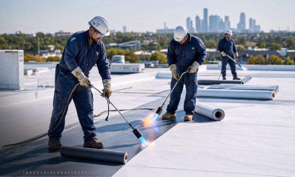 TPO and torch down rolled roof installation on a Houston commercial building